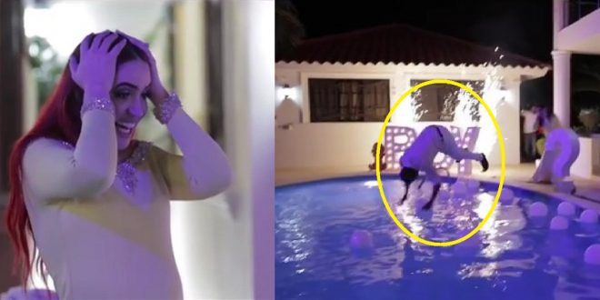 Cuando Karen y Edwin se enteraron del sexó del bebé, este se lanzó a la piscina con todo y ropa